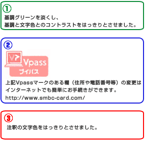 ①基調グリーンを淡くし、基調と文字色とのコントラストをはっきりとさせました。　②Vpassマークのある欄（住所や電話番号等）の変更はインターネットでも簡単にお手続きができます。　③注釈の文字色をはっきりとさせました。