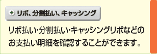 リボ、分割払い、キャッシング  リボ払い・分割払い・キャッシングなどのお支払い明細を確認することができます。
