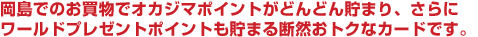 岡島でのお買物でオカジマポイントがどんどん貯まり、さらにワールドプレゼントポイントも貯まる断然おトクなカードです。