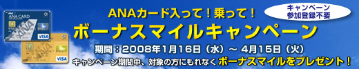 ANAカード入って！乗って！ボーナスマイルキャンペーン　期間：2008年1月16日（水）～2008年4月15日（火）　キャンペーン参加登録不要！