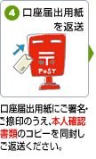 口座届出用紙にご署名・ご捺印の上、本人確認書類のコピーを同封しご返送ください。