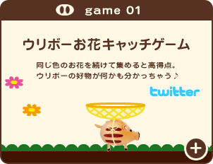 game01 ウリボーお花キャッチゲーム　同じ色のお花を続けて集めると高得点。ウリボーの好物が何もかも分かっちゃう♪