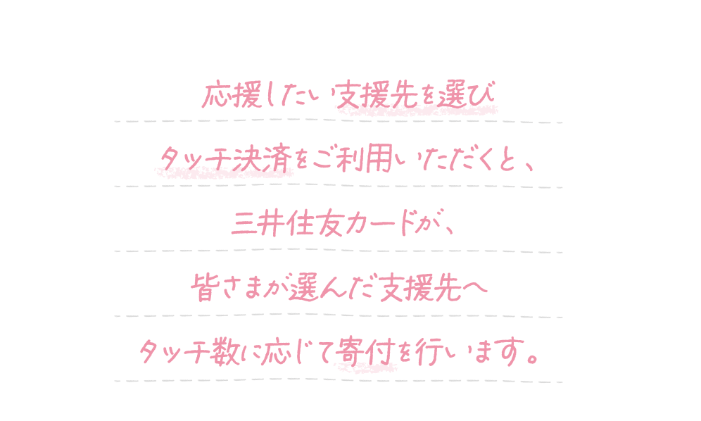 応援したい支援先を選びタッチ決済をご利用いただくと、三井住友カードが、皆様が選んだ支援先へタッチ数に応じて寄付を行います。