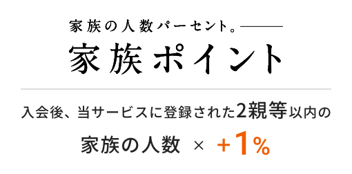 家族ポイント 入会後、当サービスに登録された2親等以内の家族の人数 × +1%