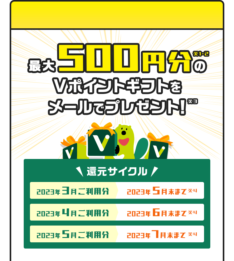 最大500円分※1•2のVポイントギフトをメールでプレゼント！※3　還元サイクル 2023年3月ご利用分：2023年5月末まで※4 | 2023年4月ご利用分：2023年6月末まで※4 | 2023年5月ご利用分：2023年7月末まで※4