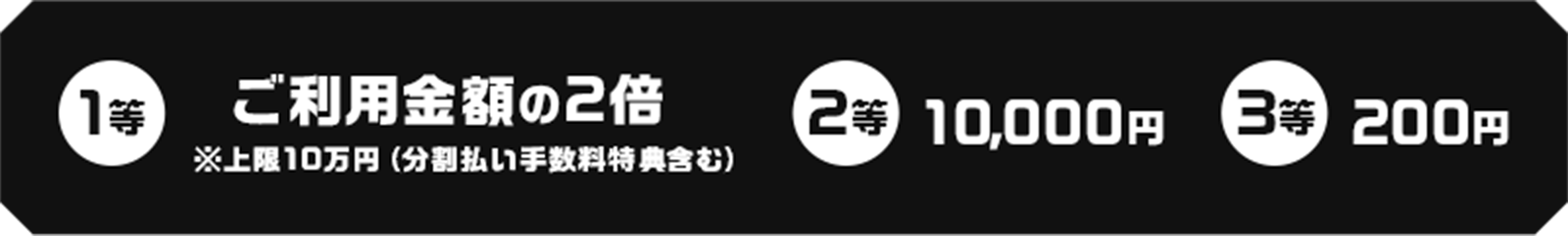 1等: ご利用金額の2倍 ※上限10万円（分割払い手数料特典含む） 2等: 10,000円 3等: 200円