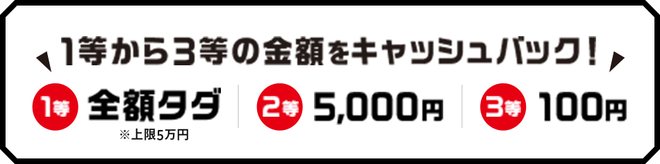 1等から3等の金額をキャッシュバック！1等全額タダ（上限5万円） 2等5,000円 3等100円