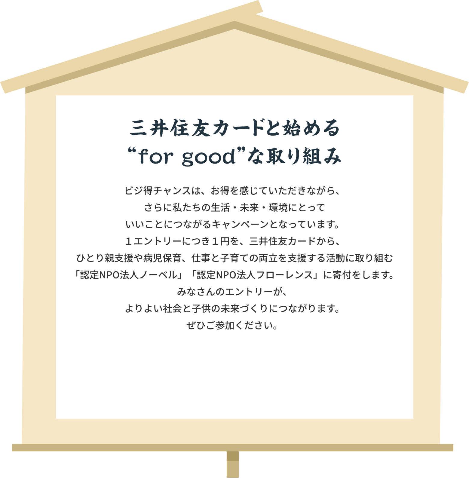 三井住友カードと始める”for good”な取り組み ビジ得チャンスは、お得を感じていただきながら、さらに私たちの生活・未来・環境にとっていいことにつながるキャンペーンです。１エントリーにつき１円を、三井住友カードからひとり親家庭支援（病児保育）や仕事と子育ての両立を支援する活動に取り組む『認定NPO法人ノーベル』『認定NPO法人フローレンスに寄付をします。みなさんのエントリーが、よりよい社会と子どもの未来づくりにつながります。ぜひご参加ください。