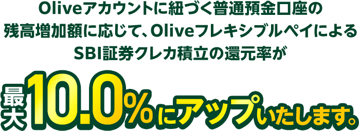 Oliveアカウントに紐づく普通預金口座の残高増加額に応じて、OliveフレキシブルペイによるSBI証券クレカ積立の還元率が最大10.0%にアップいたします。