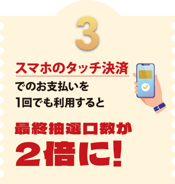 スマホのタッチ決済でのお支払いを1回でも利用すると最終抽選口数が2倍に!