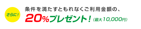 さらに!条件を満たすともれなくご利用金額の、20%プレゼント!(最大10,000円)