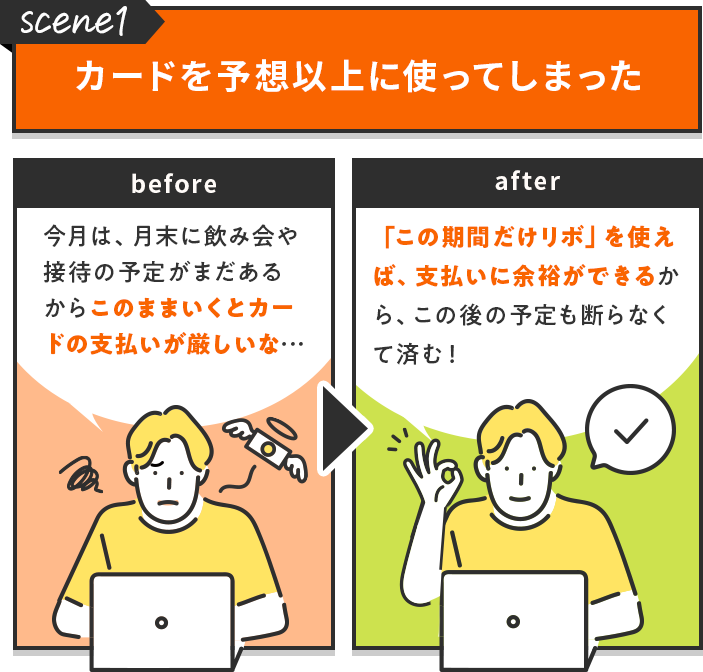 scene1 カードを予想以上に使ってしまった[before]今月は、月末に飲み会や接待の予定がまだあるからこのままいくとカードの支払いが厳しいな…[after]「この期間だけリボ」を使えば、支払いに余裕ができるから、この後の予定も断らなくて済む！