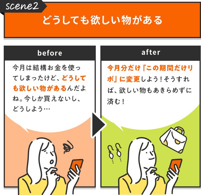 scene2 どうしても欲しい物がある[before]今月は結構お金を使ってしまったけど、どうしても欲しい物があるんだよね。今しか買えないし、どうしよう…[after]今月分だけ「この期間だけリボ」に変更しよう！そうすれば、欲しい物もあきらめずに済む！