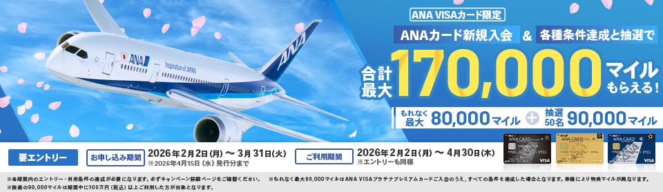 【ANA VISAカード限定】新規入会＆各種条件達成と抽選で最大170,000マイルプレゼントキャンペーン！！！