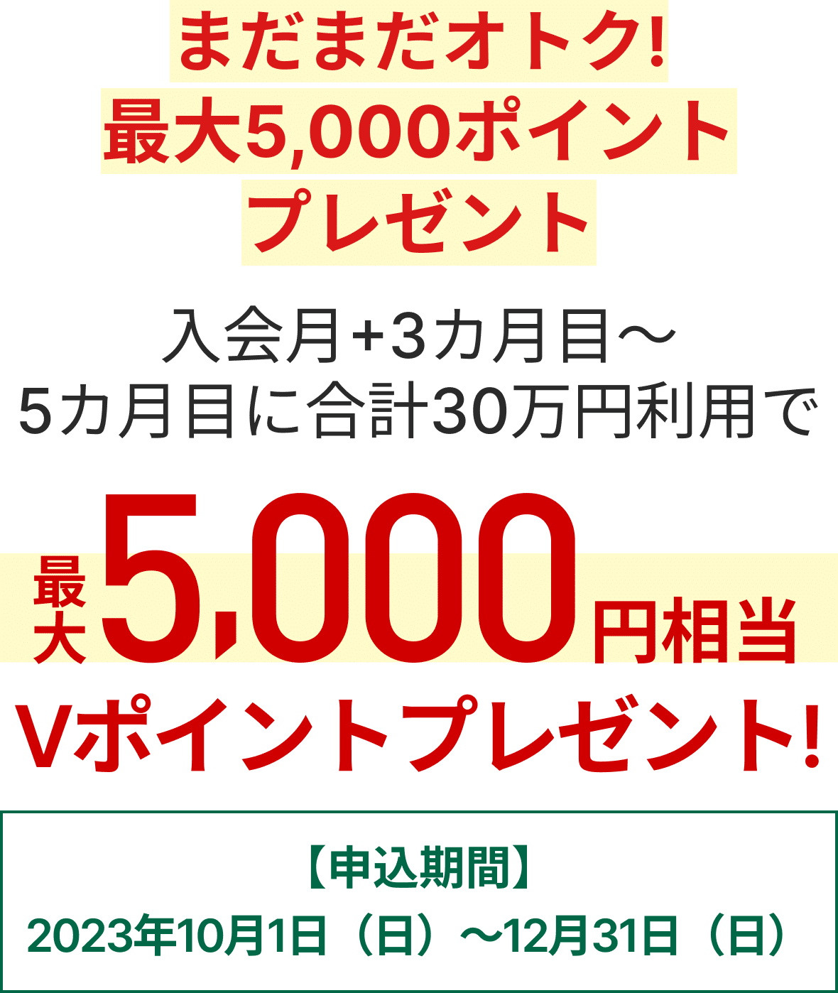 まだまだオトク！最大5,000ポイントプレゼントキャンペーン 入会月+3カ月目～5カ月目に合計30万円利用で最大5,000円相当のVポイントプレゼント 【申込期間】2023年10月1日（日）～2023年12月31日（日）