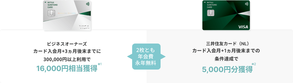 ビジネスオーナーズは、カード入会月＋3ヵ月後末までに300,000円以上利用で16,000円相当獲得※1。三井住友カード（NL）は、カード入会月＋1ヵ月後末までの条件達成で5,000円分獲得※2