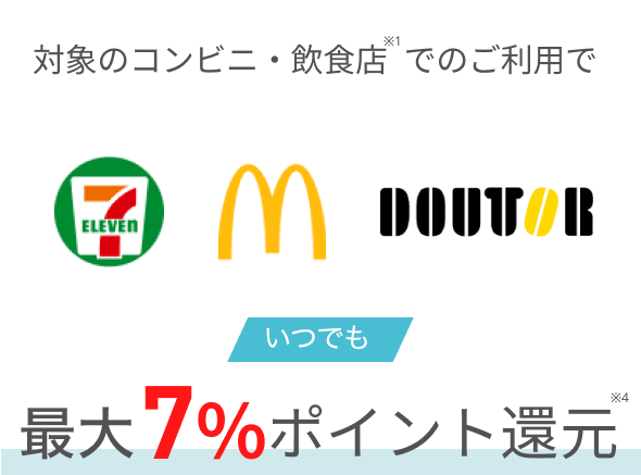 対象のコンビニ・マクドナルドでのご利用でいつでも最大7%ポイント還元