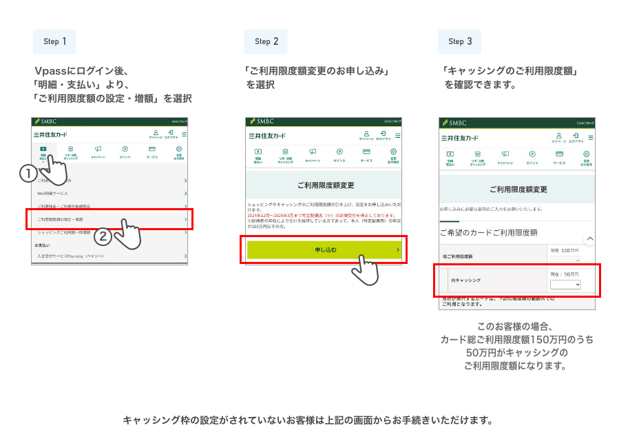 Step1 Vpassにログイン後、「ご利用限度額変更」より、「ご利用限度額の設定・増額」を選択 Step2 「ご利用限度額の設定・増額審査 お申し込みはこちら」を選択 Step3 ご利用限度額をチェック このお客様の場合、カード総ご利用限度額150万円のうち50万円がキャッシングのご利用限度額になります。キャッシング枠の設定がされていないお客様は上記の画面からお手続きいただけます。
