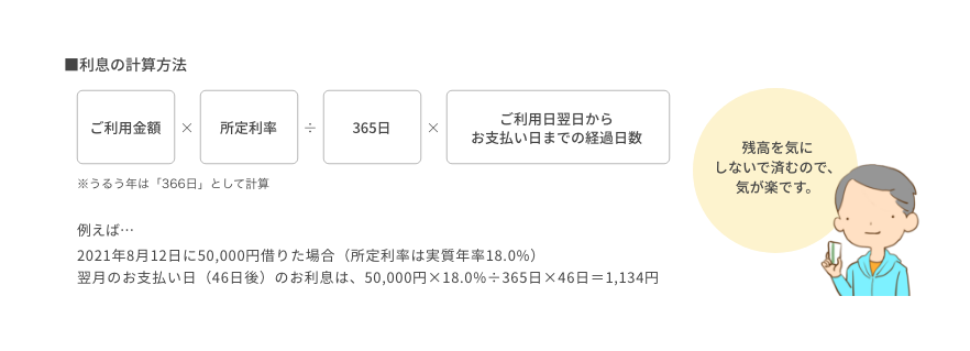 ■利息の計算方法 ご利用金額×所定利率÷365日×ご利用日翌日からお支払い日までの経過日数 ※うるう年は「366日」として計算 例えば…2021年8月12日に50,000円借りた場合（所定利率は実質年率18.0%）翌月のお支払い日（46日後）のお利息は、50,000円×18.0%÷365日×46日＝1,134円 残高を気にしないで済むので、気が楽です。