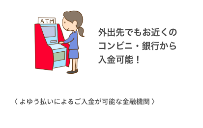 外出先でもお近くのコンビニ・銀行から入金可能！