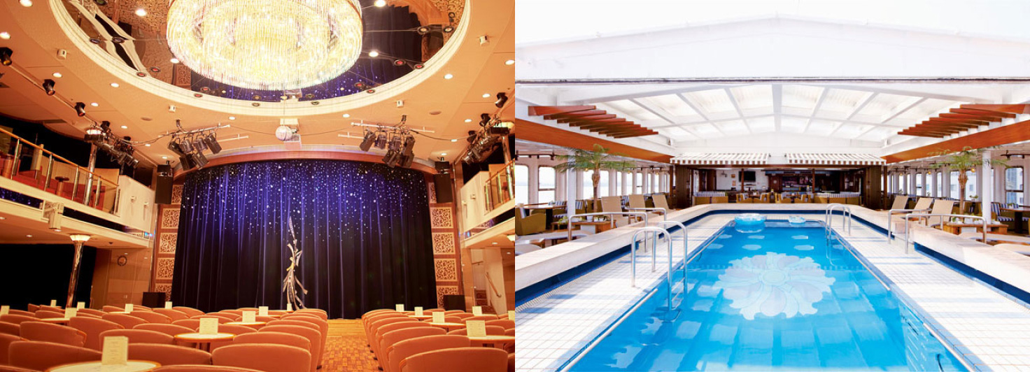 にっぽん丸の施設の一部（左）ドルフィンホール（右）プール