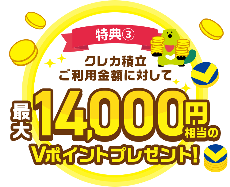 特典③ クレカ積立ご利用金額に対して最大14,000円相当のVポイントプレゼント!