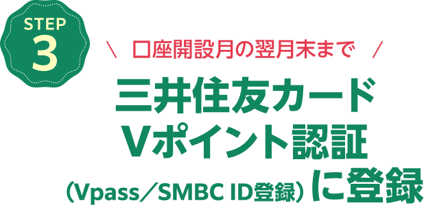 STEP3 口座開設月の翌月末まで三井住友カードVポイント認証（Vpass／SMBC ID登録）に登録