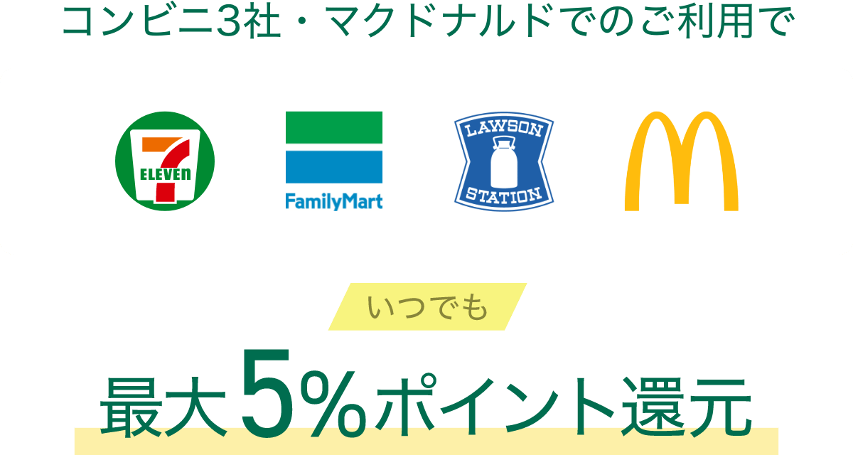 コンビニ3社・マクドナルドでのご利用で いつでも最大5%ポイント還元