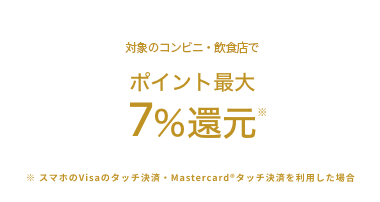 対象のコンビニ・飲食店でポイント最大7％還元　※Visaのタッチ決済・Mastercard®タッチ決済を利用した場合