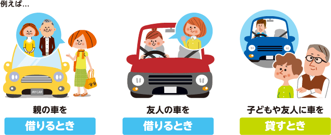 例えば...親の車を借りるとき、友人の車を借りるとき、子どもや友人に車を貸すとき