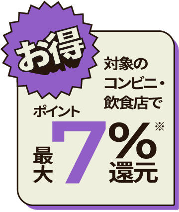 対象のコンビニ・飲食店でポイント最大7％還元