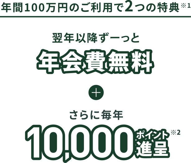 年間100万円のご利用で2つの特典 翌年以降ずーっと年会費無料＋さらに毎年10000ポイント進呈