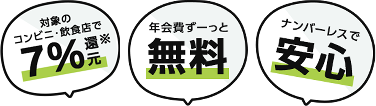 対象のコンビニ・飲食店で７％還元 年会費ずーっと無料 ナンバーレスで安心