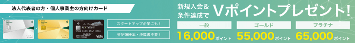 法人代表者の方・個人事業主の方向けカード スタートアップ企業にも！ 登記簿謄本・決算書不要！新規入会&条件達成でVポイントプレゼント！
