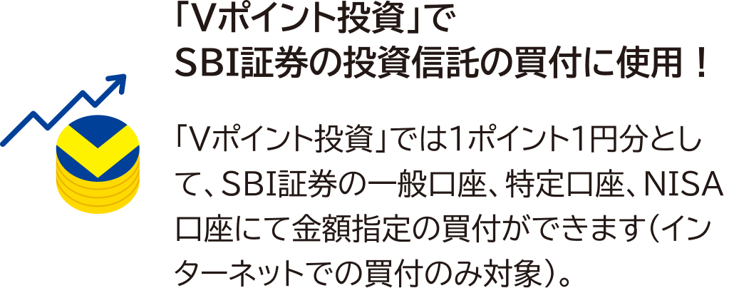 「Vポイント投資」でSBI証券の投資信託の買付に使用！ 「Vポイント投資」では1ポイント1円分として、SBI証券の一般口座、特定口座、NISA口座にて金額指定の買付ができます（インターネットでの買付のみ対象）。