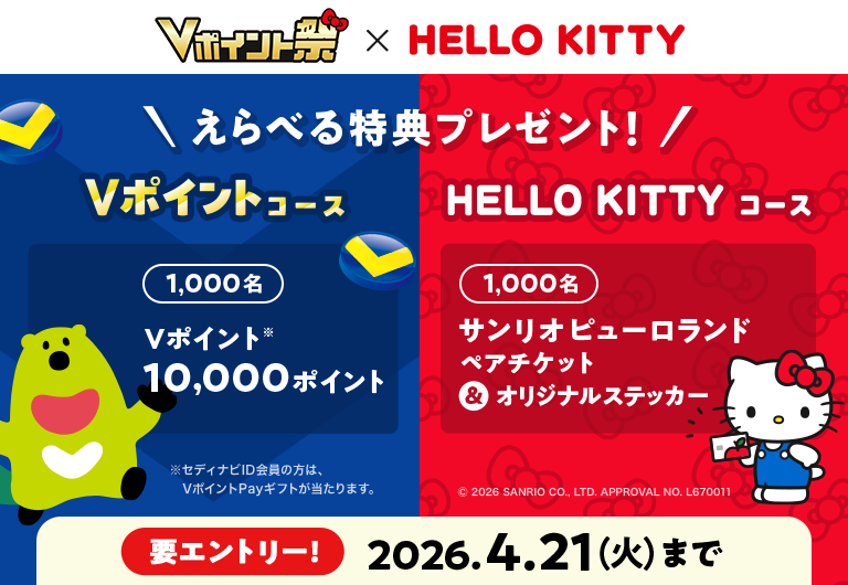 Vトリップで旅行予約すると抽選口数が＋5口！Vポイント祭 ハローキティ デザイン登場記念キャンペーン