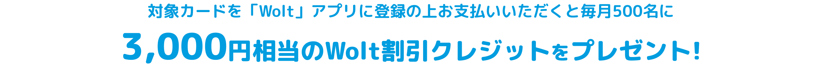 さらに対象カードを「Wolt」アプリに登録の上お支払いいただくと毎月500名に3,000円相当のWolt割引クレジットをプレゼント!