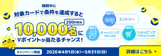 期間中に対象カードで条件を達成すると10,000名に200円相当Vポイントが当たるチャンス！
