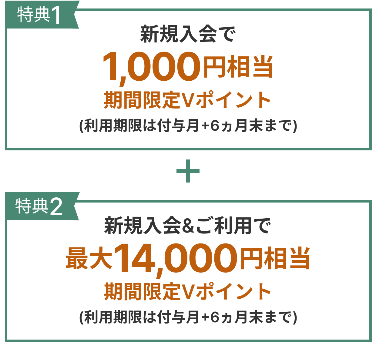 特典1新規入会で1,000円相当期間限定Vポイント＋特典2新規入会＆ご利用で最大14,000円相当期間限定Vポイント