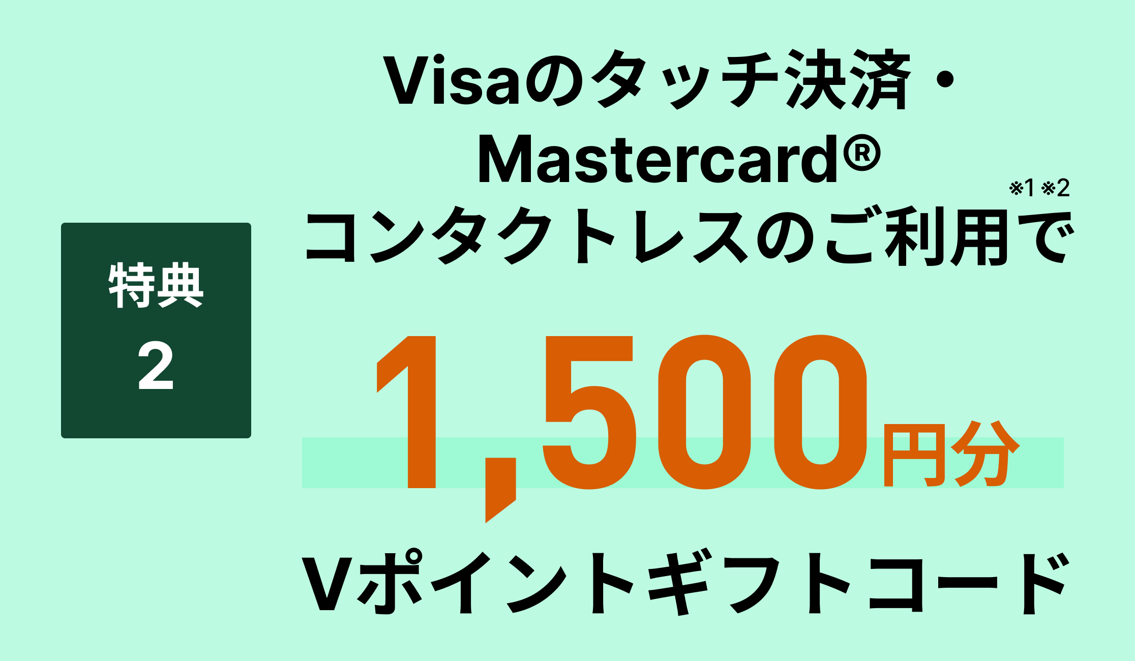 特典2Visaのタッチ決済・Mastercard®コンタクトレスのご利用で1,500円分Vポイントギフトコード