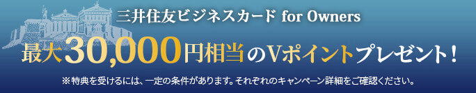 三井住友ビジネスカード for Owners 最大30,000円相当のVポイントプレゼント!