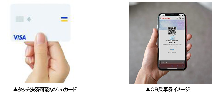 タッチ決済可能VisaカードとQR乗車券イメージ