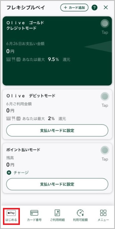 フレキシブルペイページから【Apple Payをはじめる】をタップ　イメージ　