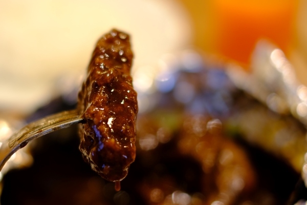 肉汁たっぷりのハンバーグと濃厚なビーフシチューソースが相性抜群