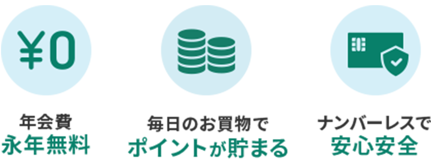 年会費永年無料 毎日のお買物でポイントが貯まる ナンバーレスで安心安全