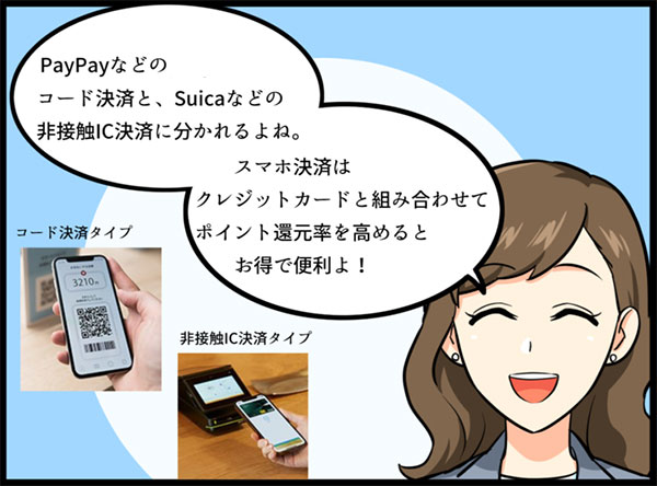 LINE PayやPayPayなどのコード決済とSuicaなどの非接触IC決済の2通りがあるという女性 イラスト