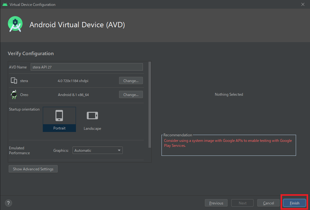 Android Virtual Device 確認画面