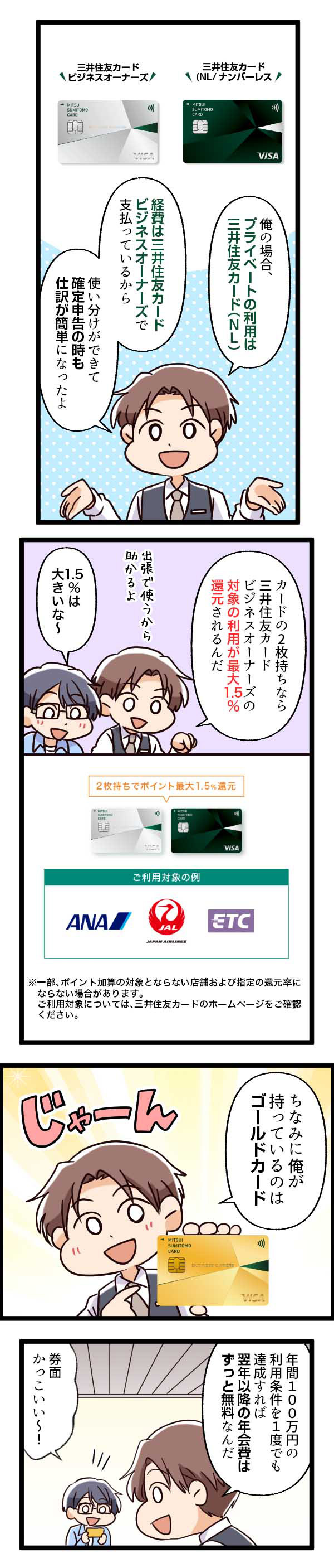 三井住友カード ビジネスオーナーズと三井住友カード(NL)の使い分けを説明する男性