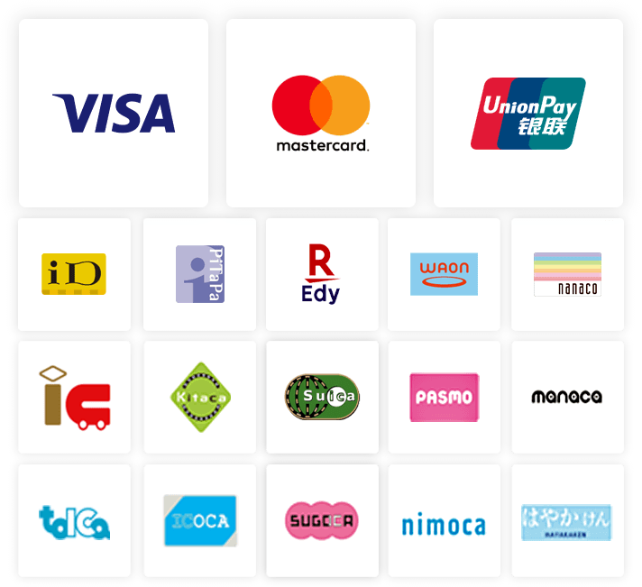 Visa、Mastercard、三井住友カードiD、Suica、楽天Edy、WAON、PASMO、PiTaPa、UnionPay銀聯 ロゴ