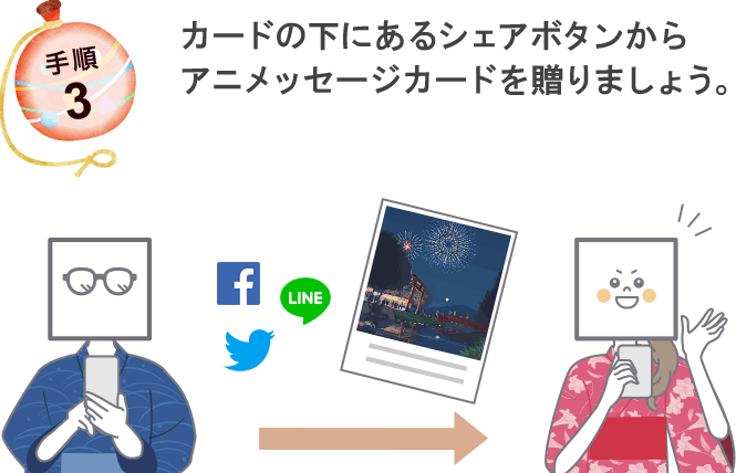 お使いのSNS、またはページのURLをコピーして、アニメッセージカードを送りましょう。